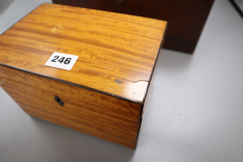 A 19th century brass inlaid mahogany stationery with Bramah lock, together with a satinwood box, longest 35.cm